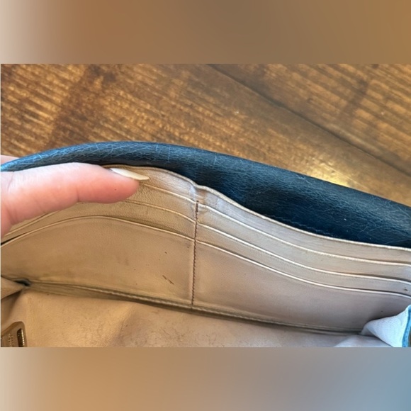 Prada Long Double Snap Flap Wallet Distressed Blue Green Leather Gold Hardware - Picture 8 of 14